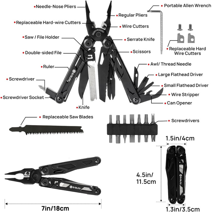BIBURY Stainless Steel Multitool - 16-in-1 Folding Pliers with Screwdriver & Shears, Outdoor Tool Kit with Nylon Pouch - Gift for Dad