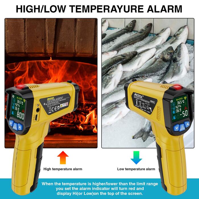 Інфрачервоний термометр MESTEK з лазерним цільовим вказівником, цифровий пірометр з K-зондом (-50°C ~ 800°C), безконтактний, з LCD-дисплеєм, функцією сигналу та регулюванням коефіцієнта випромінювання для кухні, автосервісу та промисловості