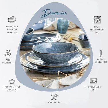 SÄNGER | Darwin 12-Piece Tableware Set, 4-Person Stoneware Dinnerware Set, Blue Plate Set including Dinner Plates, Dessert Plates & Deep Plates, Dining Utensils, Dinnerware Set Handmade | PREMIUM COLLECTION 12-Piece Tableware Set