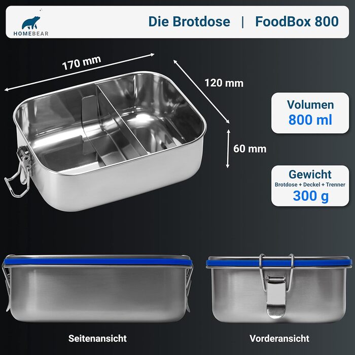 Stainless Steel Lunch Box | Lunchbox for Kids | 800 ml | Set with Dip Container 65 ml | Sliding Divider | Leak-Proof and Plastic-Free | Bread Box Snack Box