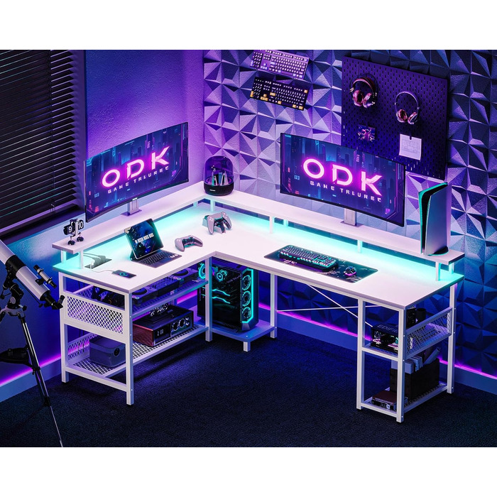 Геймерський стіл ODK з LED-підсвіткою, кутовий, реверсивний, 2 розетки та 2 USB-порти, велика біла модель 168×120 см, з сітчастою полицею