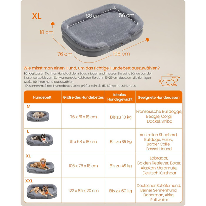 Ліжко для собак Feandrea, ортопедичне, велике, 106x76x18 см, водонепроникне, знімний чохол, сіре