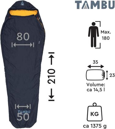 Спальний мішок TAMBU Mumienschlafsack 80x210см - компактний, для літа, осені та зими. Теплий, для кемпінгу, подорожей, фестивалів. Без PFC, синій.