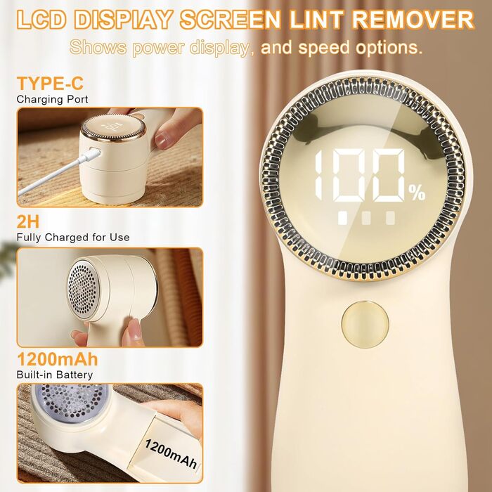 Електричний видальник ворсу BUOAZR: 3 режими, LED-дисплей, комплект для чищення, для різних тканин (бежевий)