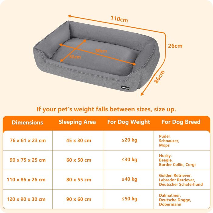 Ліжко для собак HMTOPE, м'яке диван-кімната для собак, подушка для собак, кошик для собак, знімний та пральний, світло-сірий, 110 x 86 x 26 см