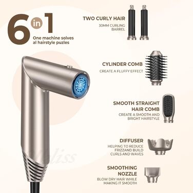 UKLISS 6-в-1 Airstyler: Фен-щітка, локони, укладка, іонізація 60 000 U/min, золотий