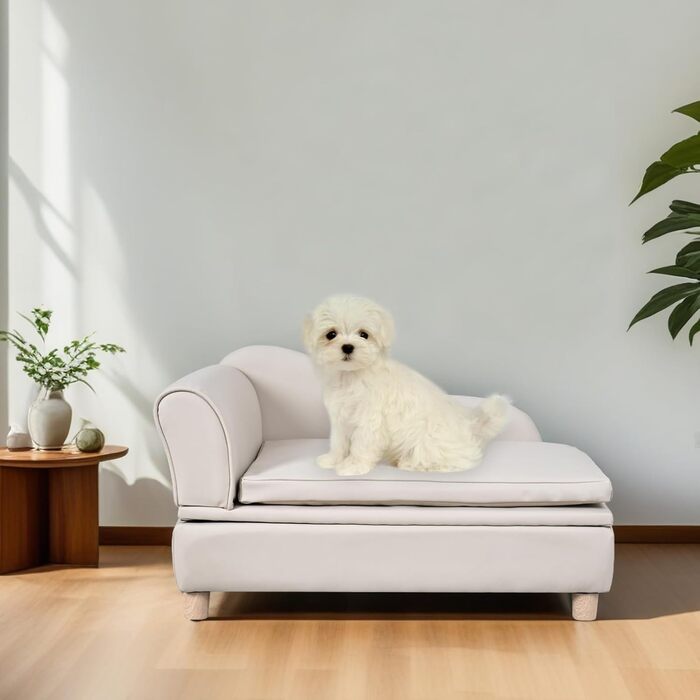 Софа для собак та котів Yoonnie room з PU-шкіри з місцем для зберігання, дерев'яний каркас, подушки, ліжко для маленьких тварин, софа для цуценят та котів (Перловий білий)