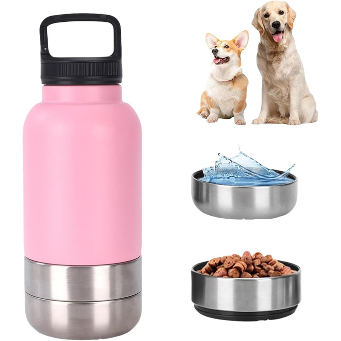 Водонепроникна пляшка для собак Dijiusidy 950мл, 3-в-1 з мискою, нержавіюча сталь, рожева, для подорожей, прогулянок, кемпінгу