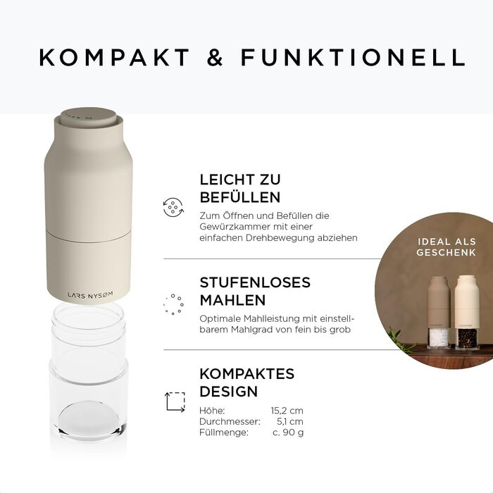 LARS NYSØM Salt and Pepper Mill Set Stainless Steel with Adjustable Grinder | Bottle Design Spice Mill Set Manual (Brown/Beige)