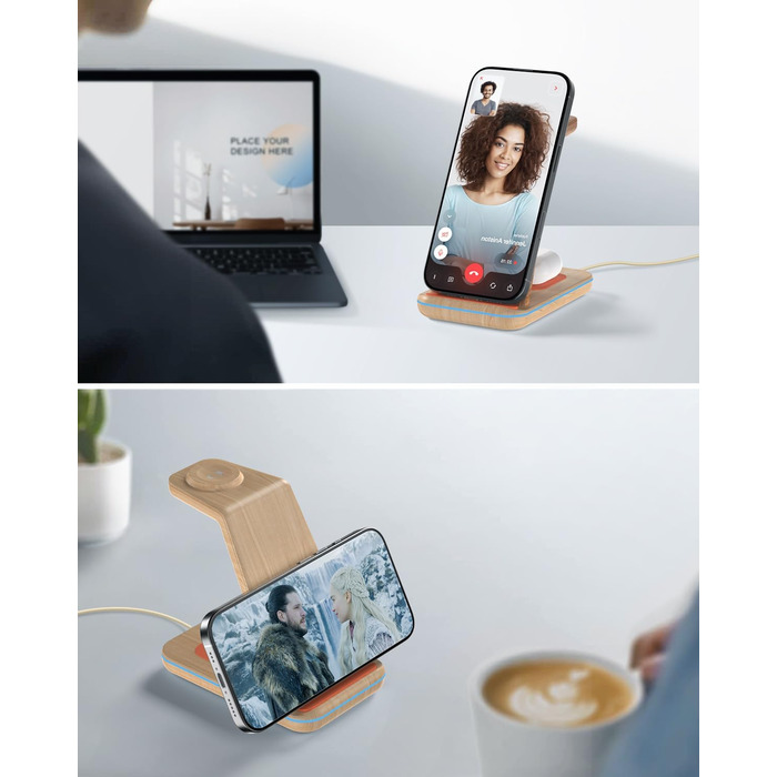 Бездротовий зарядний пристрій JoyGeek 3-в-1 з бамбуковою текстурою для iPhone, Apple Watch, AirPods