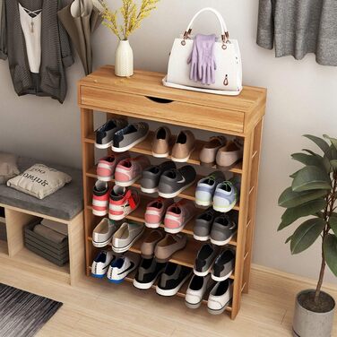 Soges 5-Tier Shoe Rack Shoe Cabinet Wood, 75 x 30 x 94.5 cm Shoe Storage Shoe Stand for Living Room, Entrance Hall, Hallway, Teak