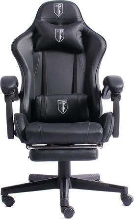 TRISENS Gaming Chair with Racing Design featuring flexible padded armrests, ergonomic PC gaming chair in leather look, desk chair with retractable footrest and extra support cushion, color: black