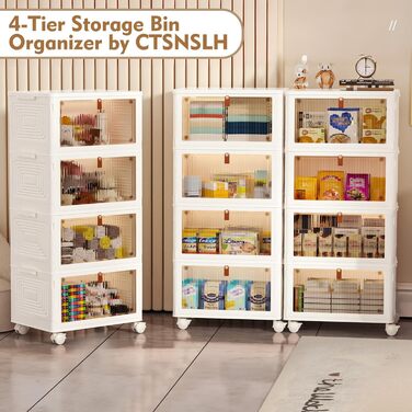 Plastic Storage Containers and Boxes Organizer with 4 Tiers, Stackable with Lids for Bedroom, Living Room, Kitchen, Office, Foldable Containers 23Qt 4-Tier