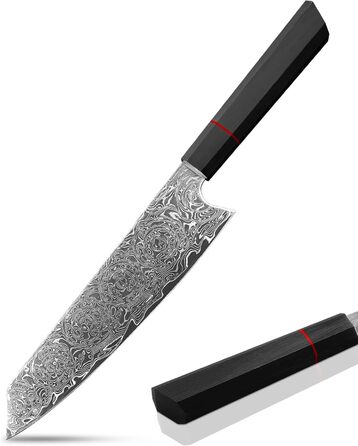 Японський ніж шеф-кухаря Plys Damast: професійний кухонний ніж з дамаської сталі, чорний дерев'яний руків'я (ніж Кіріцуке)