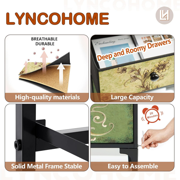 LYNCOHOME Chest of Drawers with 8 Fabric Drawers, Sideboard with Fabric Drawers, Drawer Unit for Kitchen, Office, Hallway, TV Stand with Fabric Drawers (4 Drawers)