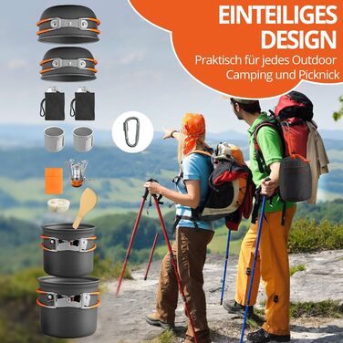 Набір посуду для кемпінгу Funykich, 19 предметів: каструлі, миски, столові прибори. Ідеально для 2 осіб, пікніків, походів. Алюміній, складаний.