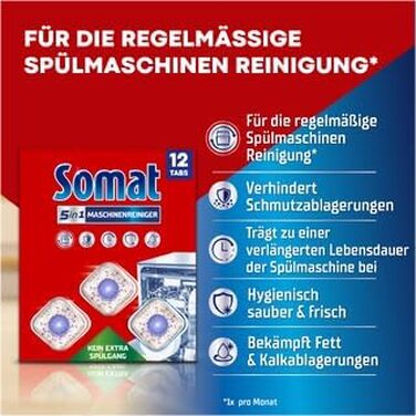 Очищувач для посудомийних машин SOMAT 5in1 Anti-Kalk, засоби для щомісячного чищення та видалення накипу, 12 таблеток