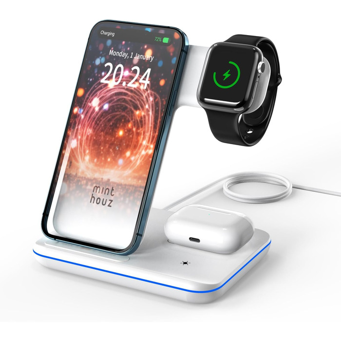 Бездротовий зарядний пристрій Minthouz 3-в-1 з адаптером 18W для Apple iWatch, AirPods та iPhone (Qi сумісний)
