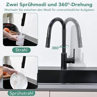 Змішувач кухонний з висувною лійкою та душем, 360° поворот, 2 режими, нержавіюча сталь, чорний