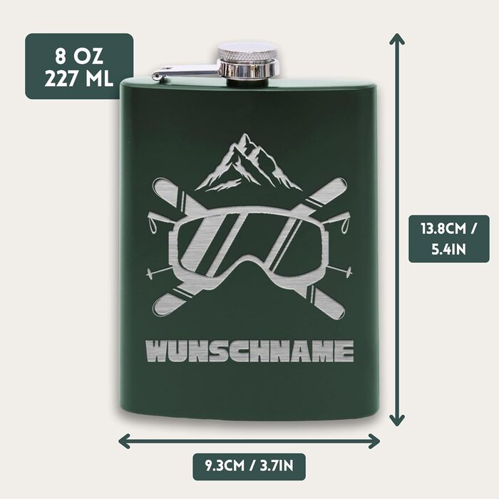 Фляга з нержавіючої сталі Flanacom з гравіюванням, 227мл / 8oz, для гірськолижників, персоналізована, з воронкою (дизайн 3, зелений)