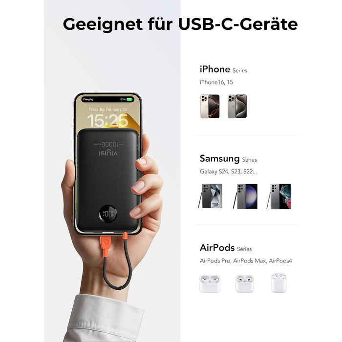 Повербанк VIYISI 10000mAh ультратонкий із вбудованим кабелем USB-C, чорний