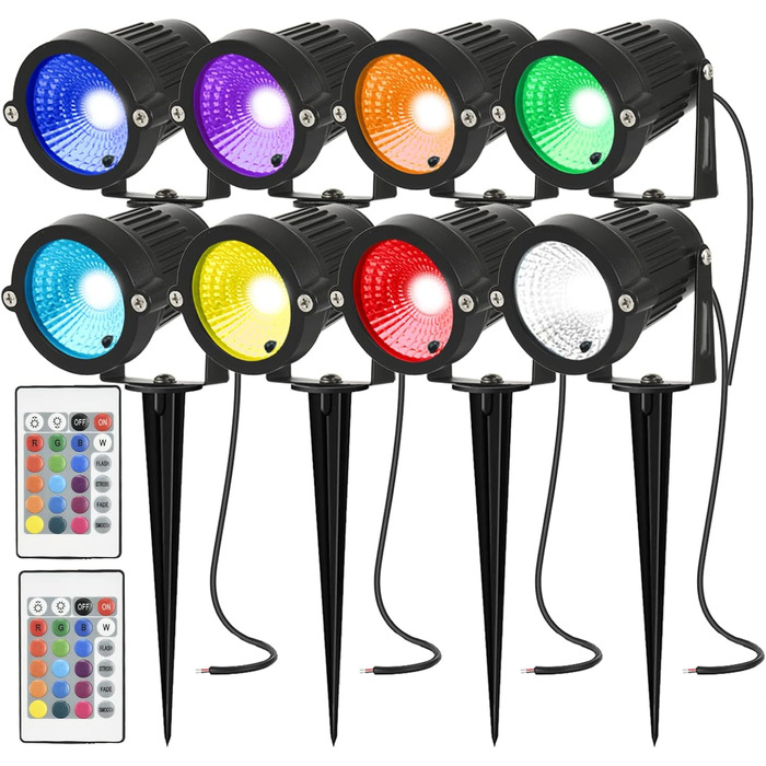 Садовий LED світильник з колом, 5W, IP66, теплий білий 3000K, водонепроникний прожектор для вулиці, газону, дерев, з вилкою, багатобарвний, 8 шт.