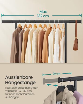 SONGMICS Clothes Rack with Wheels, Heavy-Duty Garment Rack, Extendable Clothes Rod, Load Capacity up to 100 kg, Easy Assembly, Portable, Black HSR13BKV1