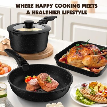 Набір посуду YASHE 21 предмет: каструлі та сковорідки з антипригарним покриттям, знімні ручки, скляні кришки, індукційний, для духовки, стекуваний, білий (сірий)