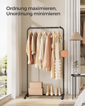 SONGMICS Clothes Rack, Rolling Garment Rack, Metal Wardrobe Stand, Rolling Wardrobe 91 cm wide, with Shelf, 2 Wheels with Brake, Rod Load Capacity up to 40 kg, HSR025A01 (Black, 74x40.5x158cm)
