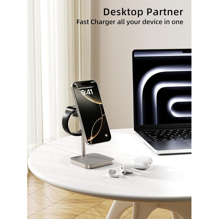 LULULOOK Qi2 Magsafe Зарядна станція 3 в 1 з алюмінію для Apple Watch та iPhone: 15W швидка зарядка для iPhone 17 Pro Max/Pro/Air/17, 5W для Apple Watch Ultra, AirPods. Титан.