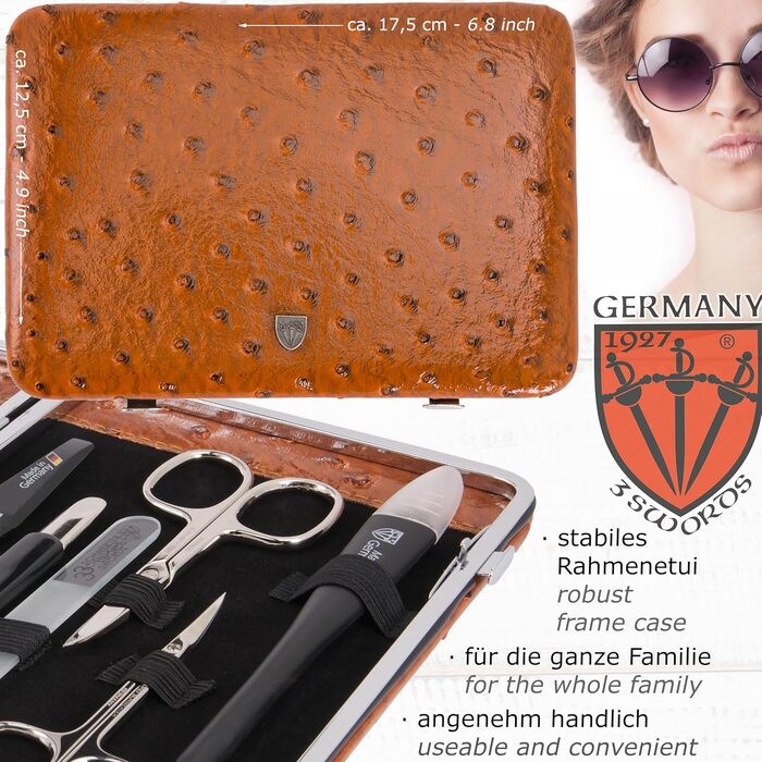 Набір для манікюру DREI SCHWERTER 'Fano' - 11 предметів (ніж для нігтів, щипчики, ножиці) у стабільному етою - колір коньяк/штучний шовк