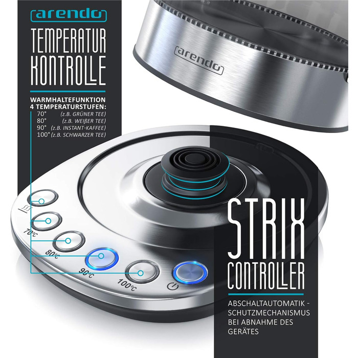 Електричний чайник Arendo з регулюванням температури, 1.5 л, скло, нержавіюча сталь, підтримання тепла 30 хв, Borosilikatglas, сучасний дизайн