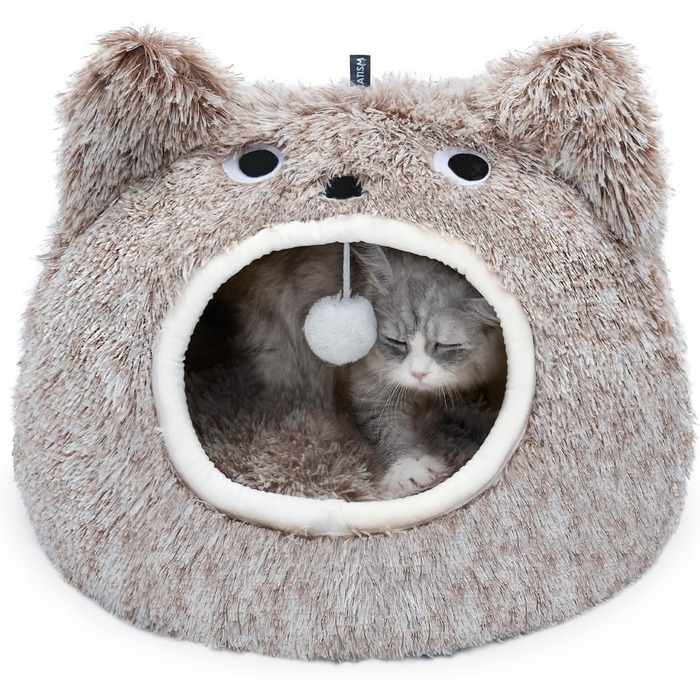 CATISM Cat Cave Cat Bed Washable Cat Sleeping Place for Cats Cute Monster Plush Pet Cat Head Pillow Cat House Cat Cushion Fluffy Kitten Puppy Snuggle Bed Pet Bed (Coffee)