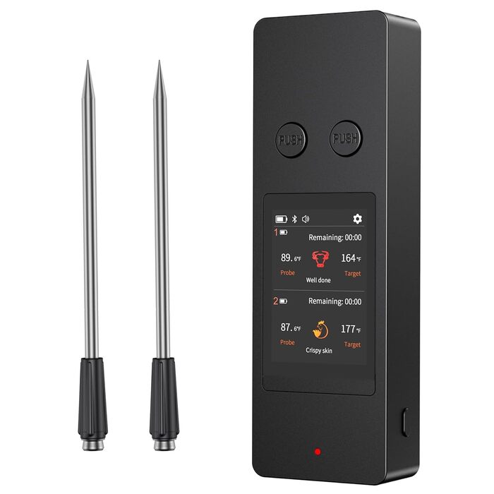 Бездротовий термометр для м'яса з 2 зондами, великий сенсорний екран, IP67 вологостійкий. Підходить для гриля, барбекю, коптильні. Чудовий подарунок на Різдво
