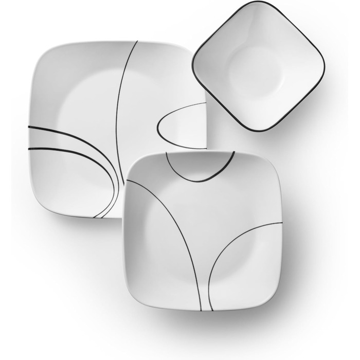 Corelle Tafelservice 18-teilний чорно-білий для 6 осіб, стійкий до сколів, включає великі тарілки (26 см) та салатові/гарнірні (17 см), Simple Lines