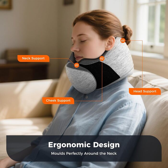 Подушка для шиї у подорожах: м'яка, з memory foam, для автомобіля та літака, з навушниками та маскою для сну (світло-сіра)