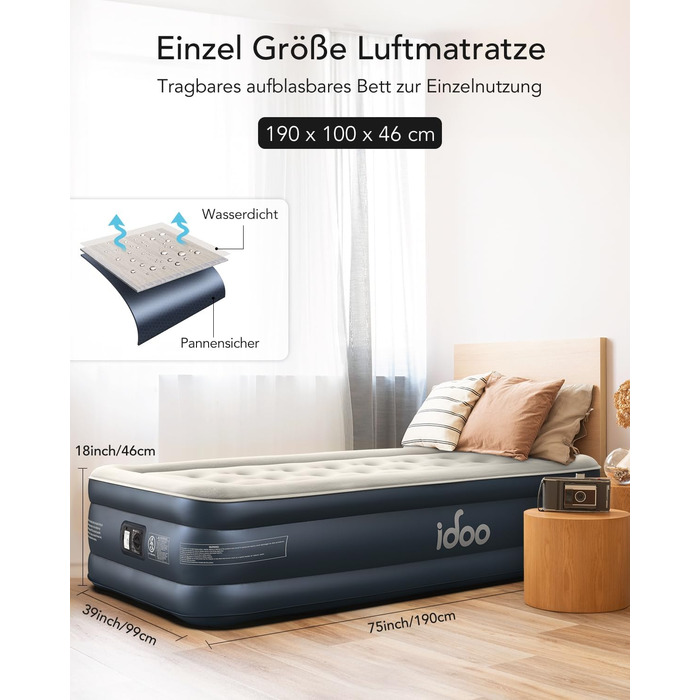 Надувний матрац iDOO для 2 осіб з електричним насосом, 152x203x46 см, для кемпінгу, 295 кг MAX