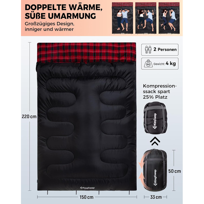 KingCamp 2-Person Winter Sleeping Bag - Warm, Portable, 3-4 Season Camping Sleeping Bag with Flannel Pillows - for Kids & Adults
