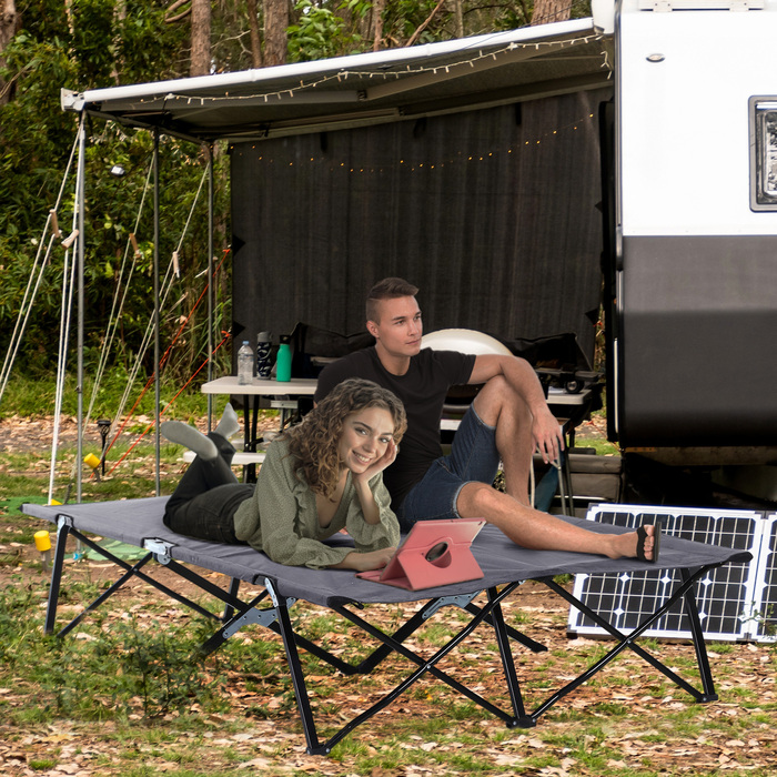 Outsunny Folding Camping Bed for 2 People, Folding Field Bed with Carry Bag, Weight Capacity up to 136 kg, Steel, Oxford Grey, 193 x 125 x 40 cm | Aosom