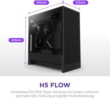 Корпус ПК NZXT H5 Flow Black - компактний ATX Mid-Tower для ігор з високою вентиляцією, 2 x 120mm вентилятори, підтримка радіаторів 360mm та 240mm, система кабельного менеджменту, скляна панель, 2024