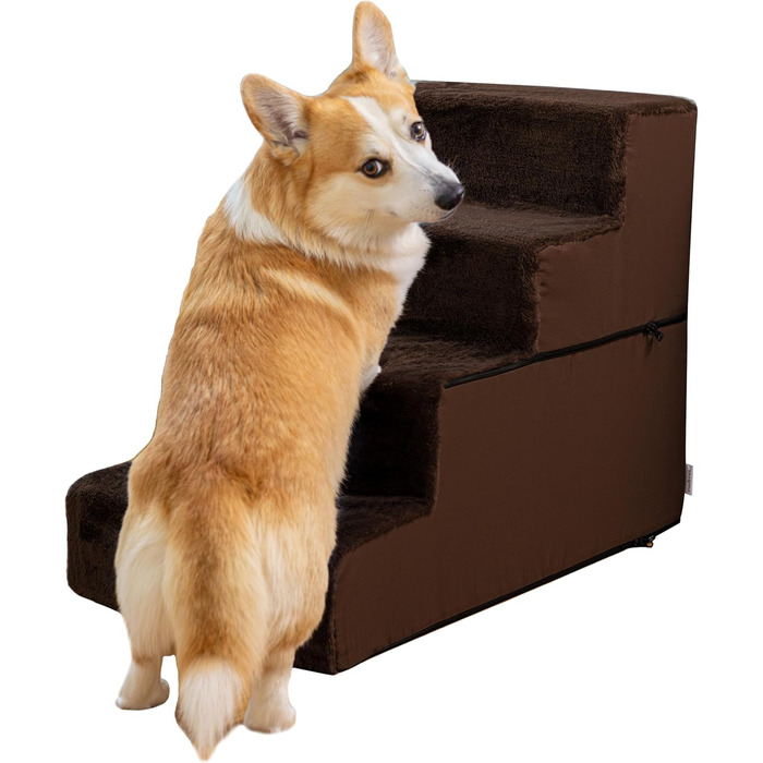 Сходинки для собак на ліжко та диван - 4 сходинки, 58 см - з піносподуху, для маленьких собак, безпечні та стабільні, знімний та пральний чохол, світло-сірий (4-Brown)