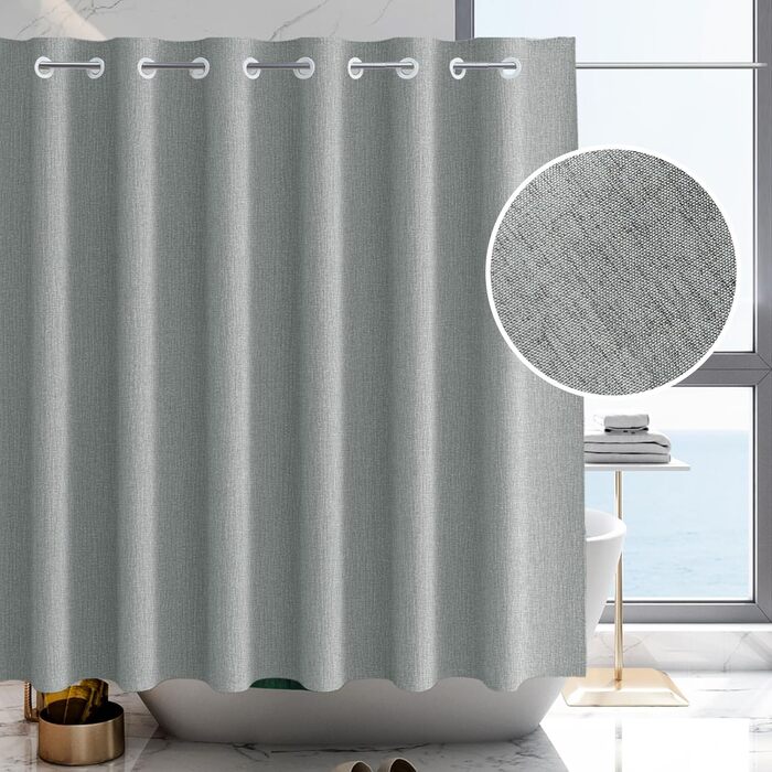 Штора для душу YISURE без гачків, льон ефект, 120x200 см, сіра. Водовідштовхувальна, текстильна, машинне прання