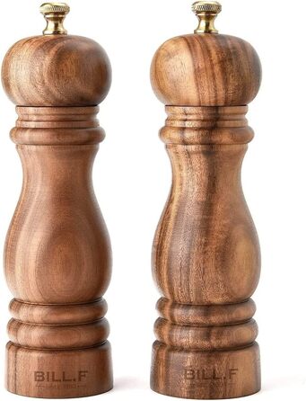 Bill.F Salt and Pepper Grinder Set, Wooden Pepper Grinder 2-Piece Set Manual Salt and Pepper Shakers Grinder Refillable 7 inches with Adjustable Ceramic Grinding Rotor
