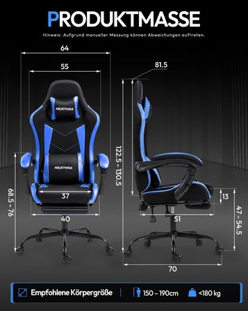 Геймерське крісло Nexthra Ergonomisch з підставкою для ніг, до 180 кг, блакитне. Регульована спинка 150°, для геймінгу та офісу