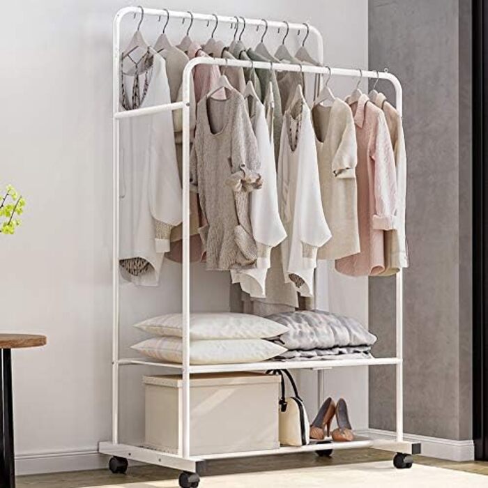 Rolling Clothes Rack, Metal Garment Rack with 2 Shelves, 2 Clothes Rods, for Shop Bedroom Dressing Room, White