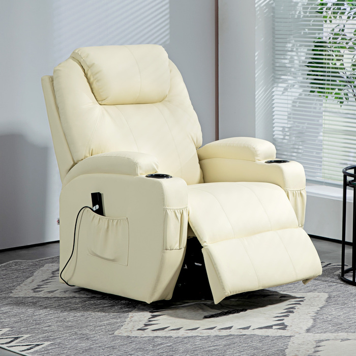 HOMCOM Power Lift TV Chair with Electric Recliner and Lie-Flat Function, TV Chair with Cup Holder, Side Pocket, and Remote Control, Faux Leather, Cream