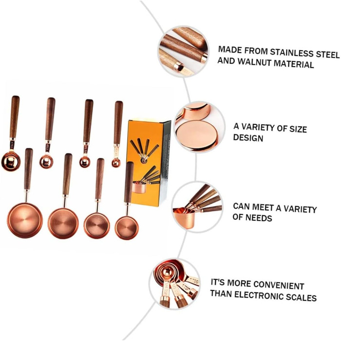 GREENADSCAPE 8-Piece Measuring Cup and Spoon Set for Bakers, Stainless Steel, Walnut Handle, Rose Gold, Multifunctional Kitchen Tool