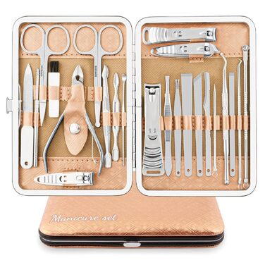 Набір для манікюру та педикюру 23 шт. Професійний набір для стрижки нігтів з нержавіючої сталі з дорожньою косметичкою з шкіри (Золото/Срібло)
