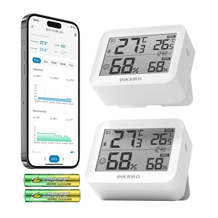 Inkbird Bluetooth Thermometer Hygrometer, 2 Pack ITH-13-B Digital Thermometer Hygrometer Combination Set, High-Precision Thermometer with Humidity Meter, App Control
