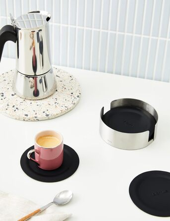 blomus -LARETO- Set of 6 Coasters made of Silicone, Stainless Steel Container, extremely non-slip, prevents scratches, (HBT: 4 x 11.2 x 11.2 cm, black, 63476)